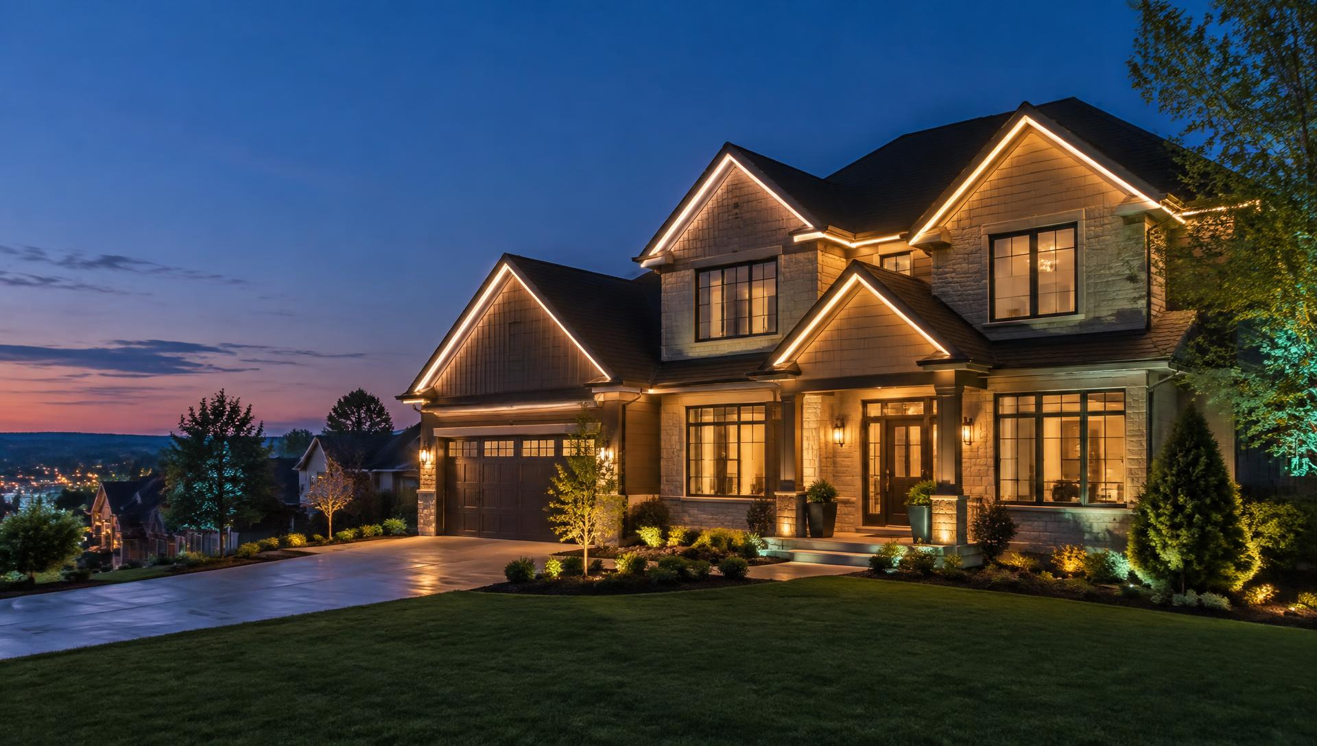 A Cincinnati home outlined with warm permanent architectural lighting